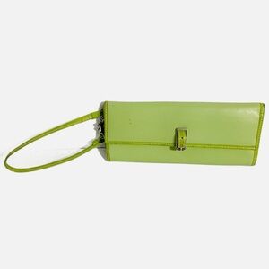 Coach Leather With Patent Trim Slim Skinny Wristlet Wallet Clutch Green💚 Silver